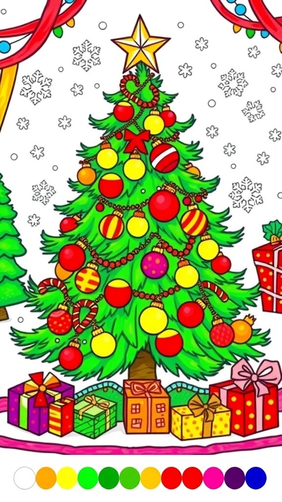 Christmas Coloring Pages by Number A colorful Christmas tree coloring page with ornaments and presents, partially filled in with bright colors.